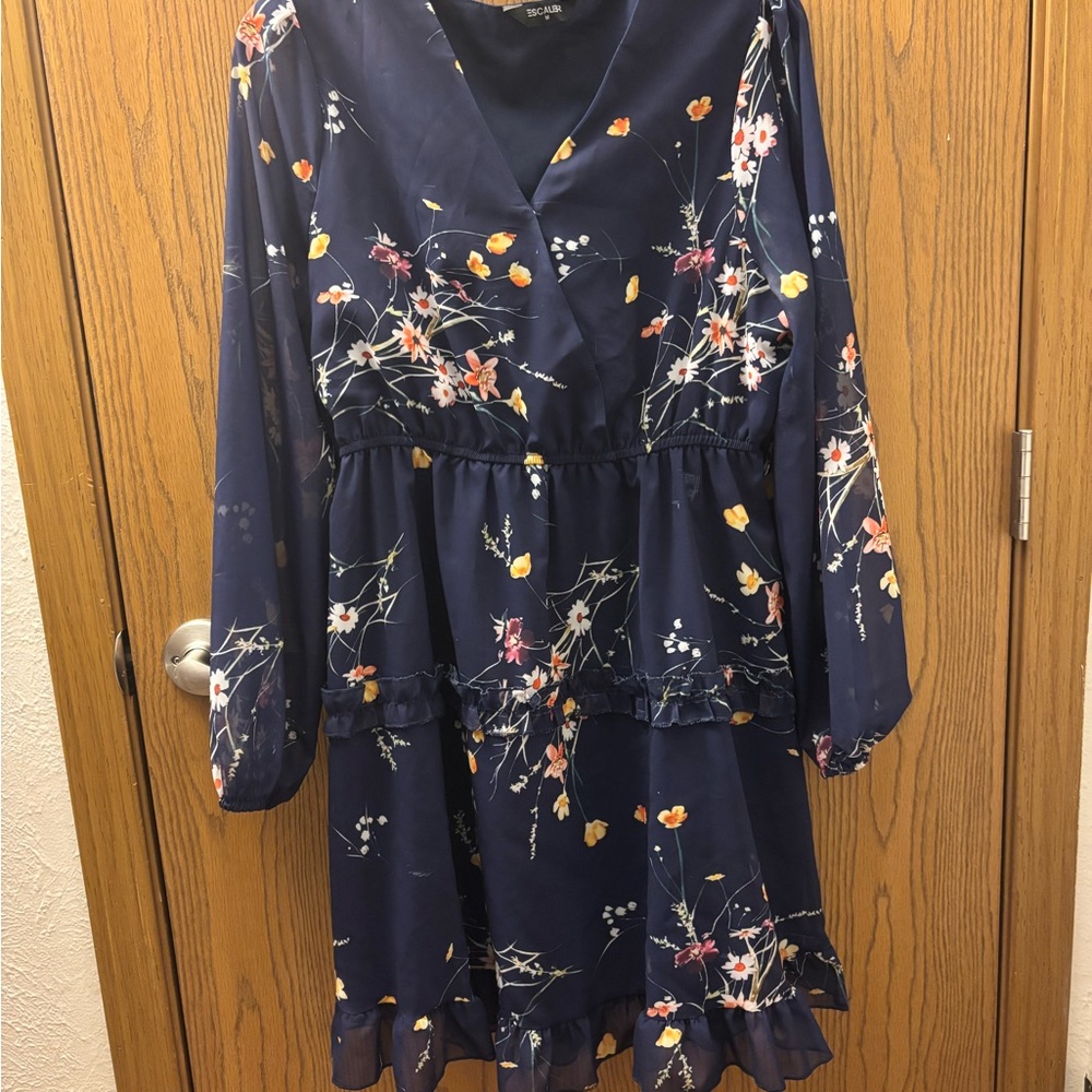 ESCALIER Navy Blue Floral Tiered Chiffon Dress Long Sleeve, Ruffle Details
